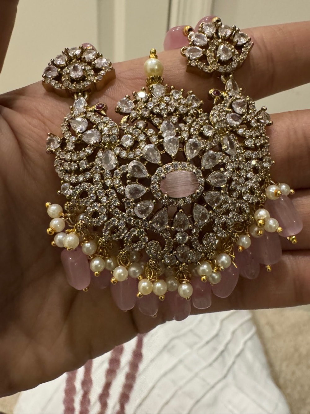 Gold and Pink Statement Pendant Necklace with Pearls